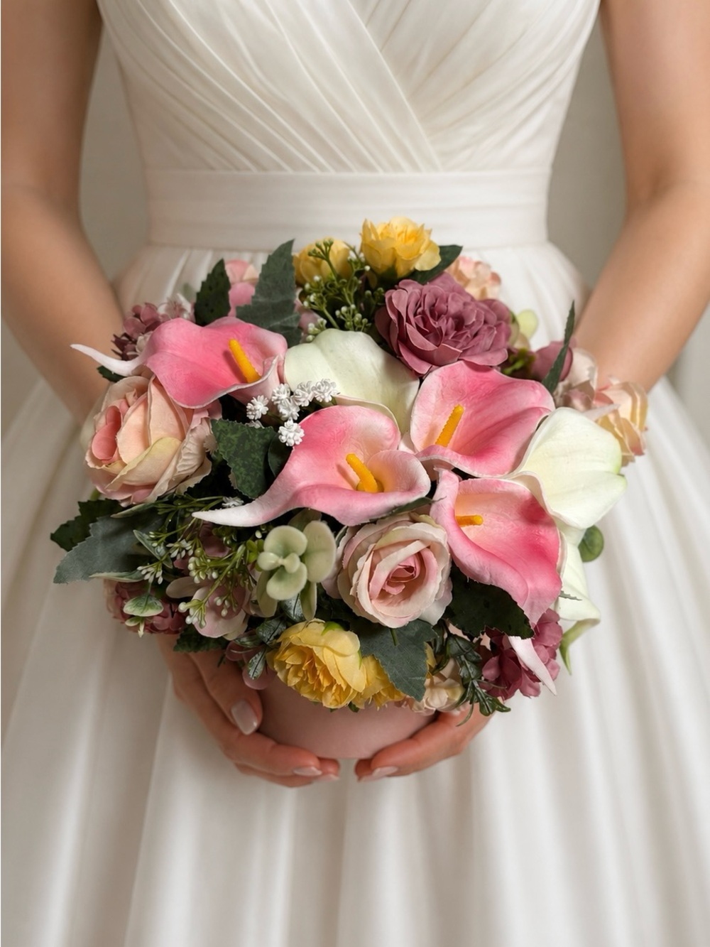 Silk Mixed Floral Arrangement - Pink, White & Yellow